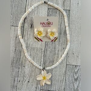 Plumeria Flower & Puka Shell Necklace and Earring Set